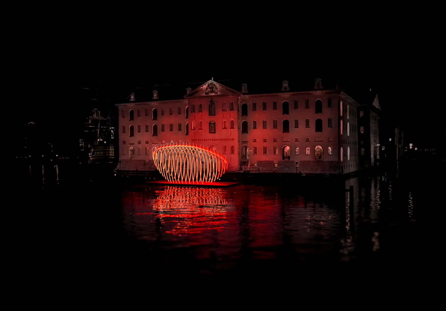 a Light Art work installation in front of the Maritime museum in Amsterdam
